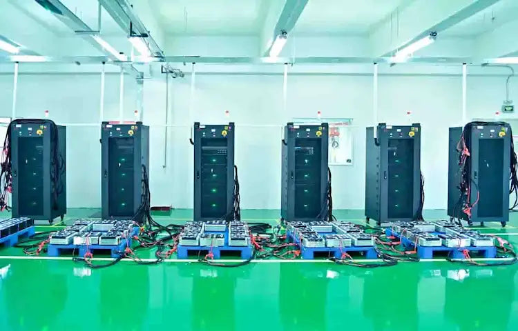Row of battery packs in a factory setting  at ricon lighting factory