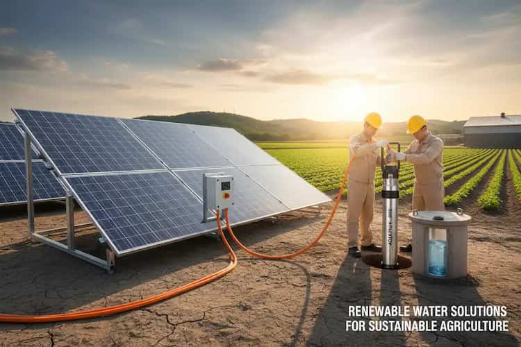 Solar water pump system powered by solar panels for agricultural irrigation