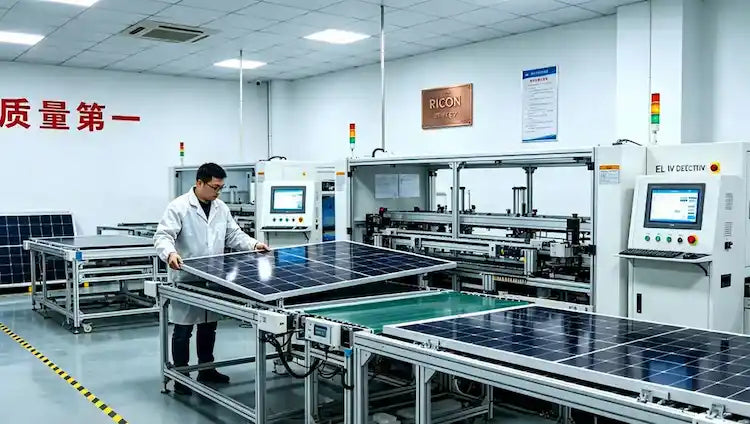 Worker in a solar panel manufacturing facility with solar panels inspection before pack